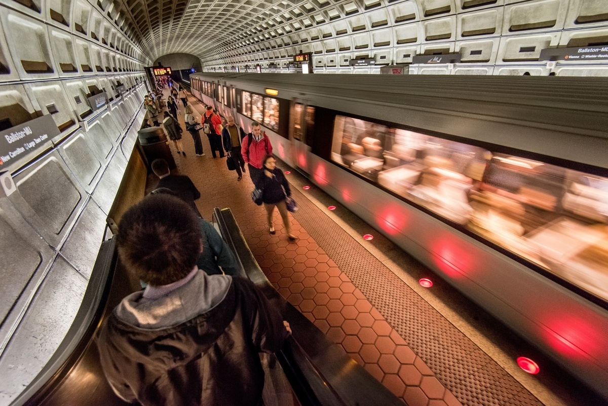 Metro train arriving in station, Arlington, VA